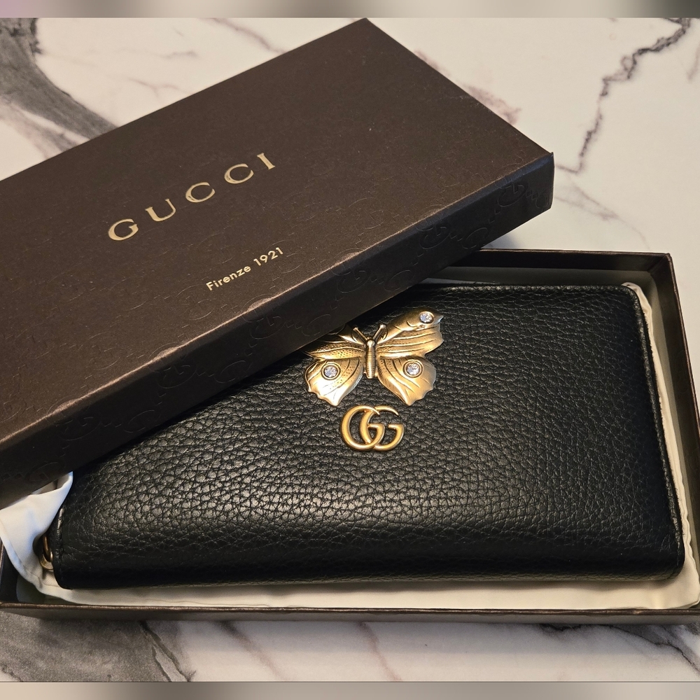 Gucci Long Zip Black Leather Wallet With Butterfly Emblem